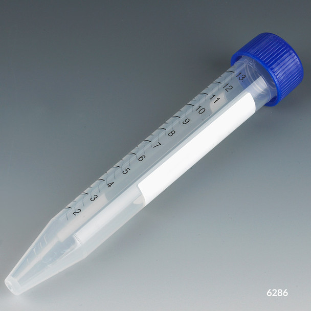 Centrifuge Tube, 15mL, Attached Blue Flat Top Screw Cap, PP, Printed Graduations, STERILE, Racked. 50/Rack, 10 Racks/Case