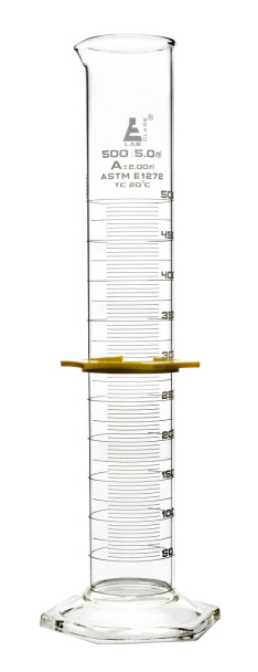 Graduated Cylinder, 500mL - ASTM Class A - Protective Collar, Hexagonal Base - White Graduations - Borosilicate Glass