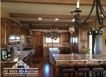 simple faux reclaimed wood beams installed in kitchen