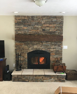 faux reclaimed wood beam fireplace mantle