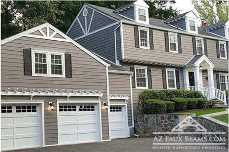 faux wood decorative features used on the exterior of a large home