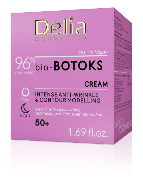 Predstavljamo Delia Bio-BOTOKS 50+ Modeliranje i protiv bora Krema za lice u velikoj količini od 50 ml, promišljeno formuliran za zrelu kožu koja pokazuje nepogrešive znakove starenja.