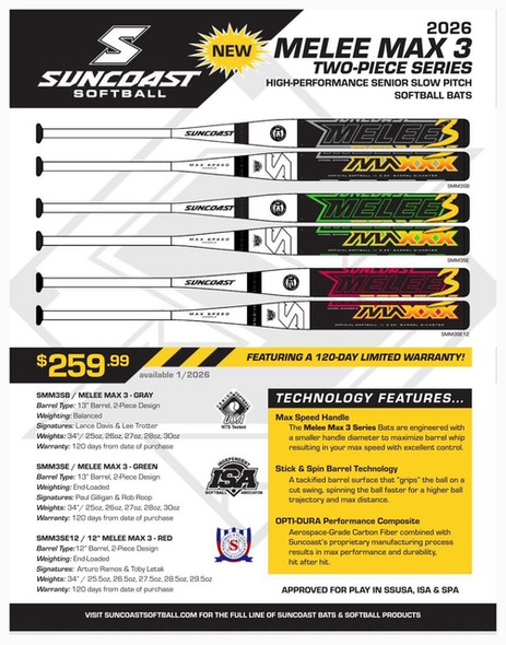 2026 SUNCOAST MELEE MAX 3, 13” END-LOADED, 2-PIECE SENIOR SOFTBALL BAT