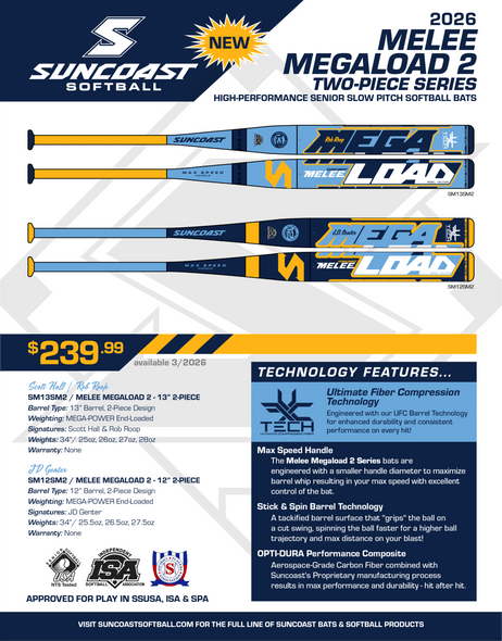 Suncoast Melee MEGALOAD 2 / 2-pc Sr. Softball Bat – 13″ End-Loaded Barrel