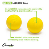 Champion Sports Official Size Rubber Lacrosse Ball - Yellow (3-Pack)