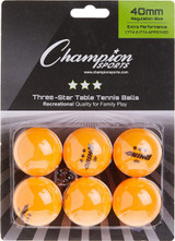 Champion Sports 6-Pack 3Star Table Tennis Balls, 40mm - Orange