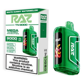 RAZ TN9000 disposable vape device with packaging, 9,000 puffs, 60mL e-liquid, 5 percent nicotine