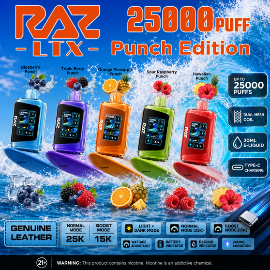 RAZ LTX Punch Edition disposable vape with packaging, 25,000 puffs, 80mL e-liquid, 5 percent nicotine