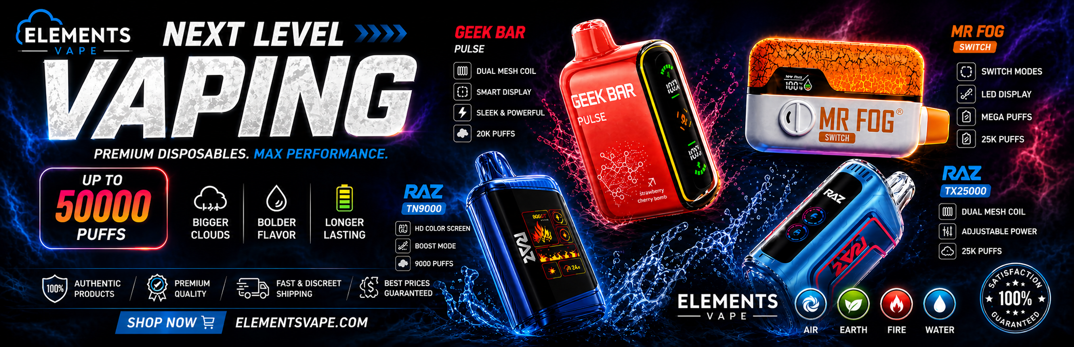 Shop disposable vape collection at Elements Vape top brands high puff vapes up to 100000 puffs