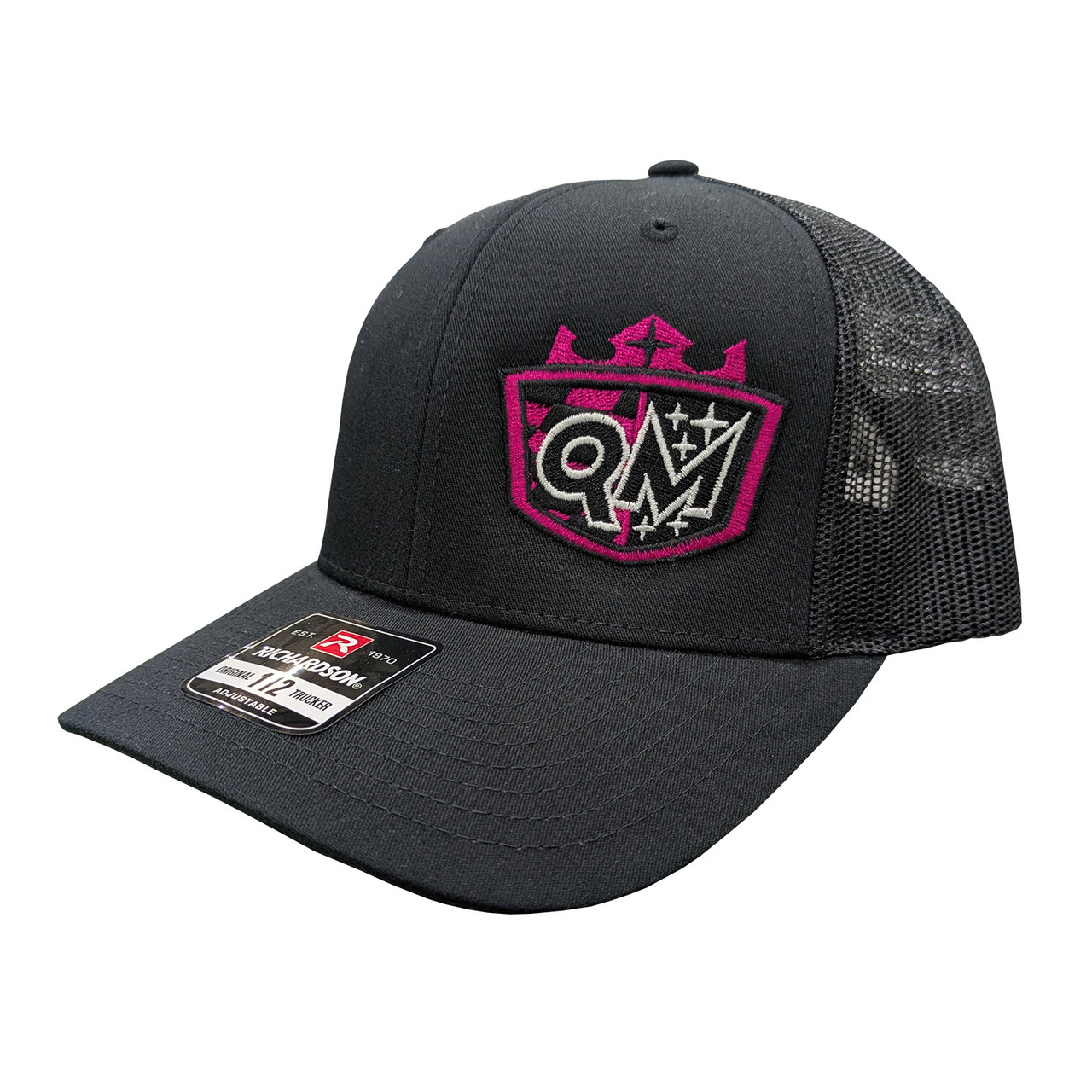 Quarter-Max Curved Bill Snapback Hat, Black with Pink Logo | Quarter-Max