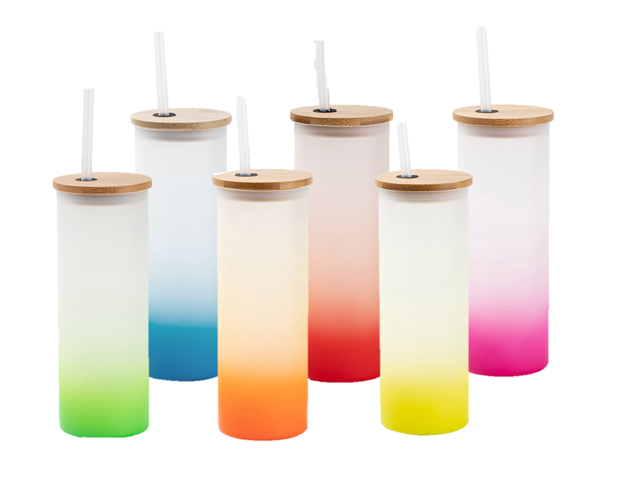 25 oz Gradient Frosted Glass Sublimation Tumbler w/ Bamboo Lid Pink