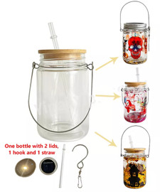 11 Oz Pre-Drilled Double Wall Solar Snow Globe Glass Sublimation Lantern with 2 Lids & Hook - White Light