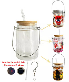 11 Oz Pre-Drilled Double Wall Solar Snow Globe Glass Sublimation Lantern with 2 Lids & Hook - Red Light