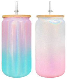 16 Oz Holographic Shimmer Ombre Glass Sublimation Tumbler w/ Bamboo Lid & Plastic Straw
