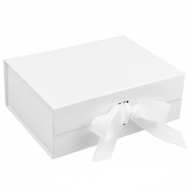 Medium Luxury Folding Gift Box with Ribbon Flap Closure - White