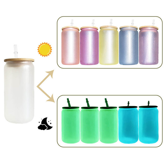 Set of 5 Colors - 16 oz UV/Glow Frosted Glass Sublimation Tumblers w/  Bamboo Lids
