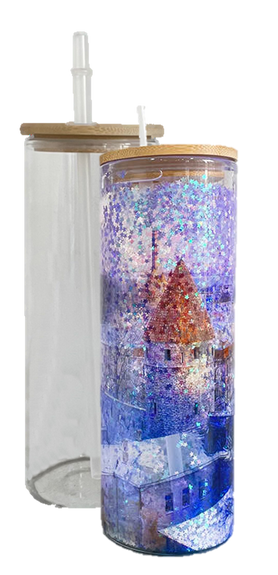 NEW Snow Globe SUBLIMATION Glass Tumbler 20 Oz w/ Bamboo Lid AND