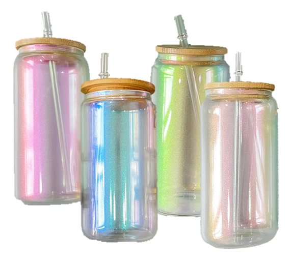 16oz Sublimation Mason Jars Iridescent Tumblers With Bamboo Lid