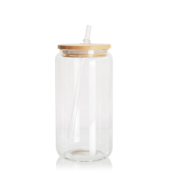 Transparent Cup with Bamboo Lid and Straw