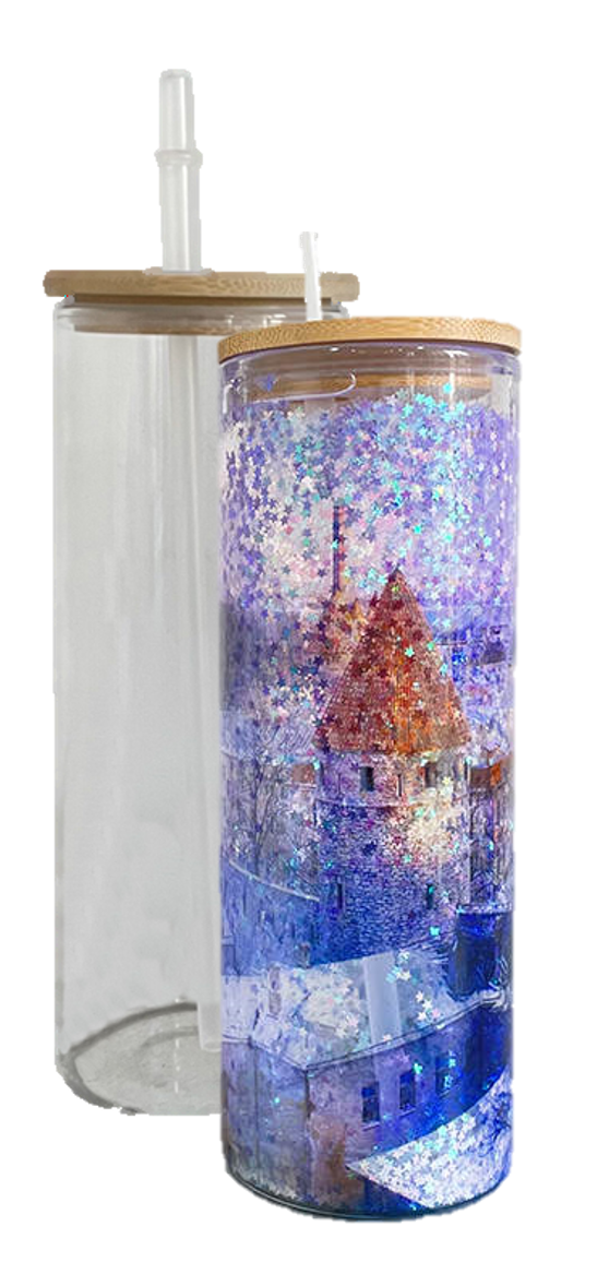 20 oz PreDrilled Glass Snow Globe Sublimation Tumbler w/ Bamboo Lid