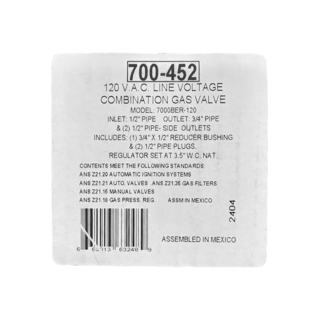 Robertshaw Gas Valve for Vulcan | McCombs Supply | 700-452