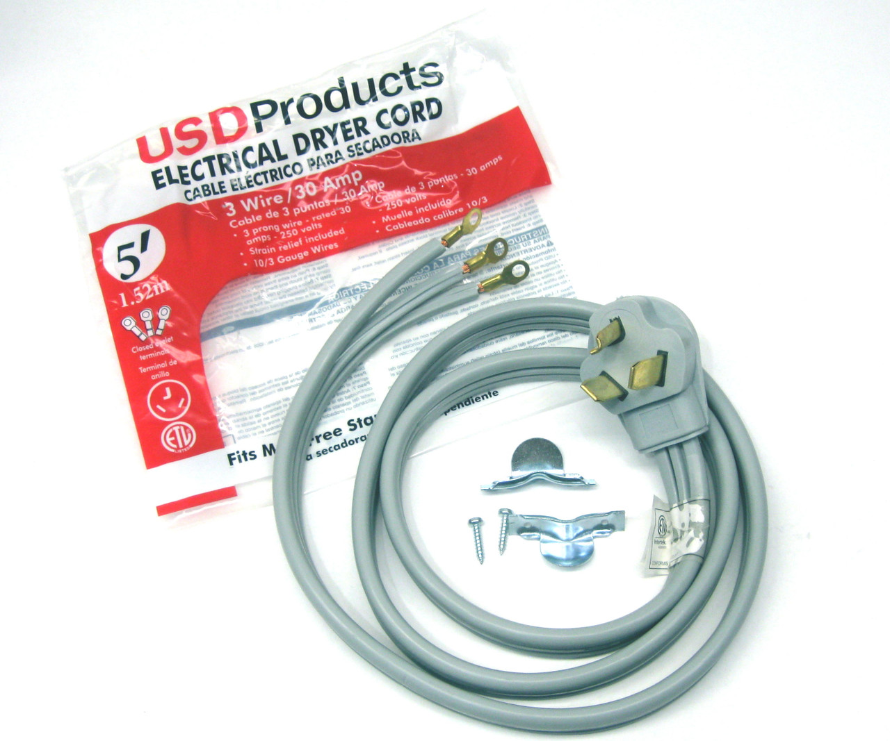 Clothes Dryer Power Cord 3 Prong Wire 30 Amp 5' Foot 10/3 Gauge Wire Heavy Duty