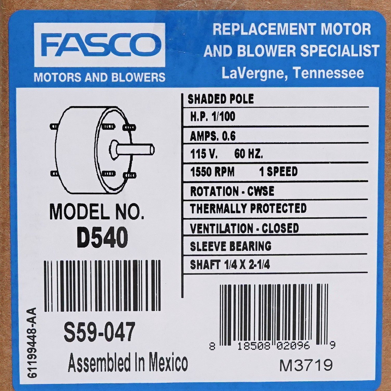 Fasco Exhaust Fan Motor Supply Co D540