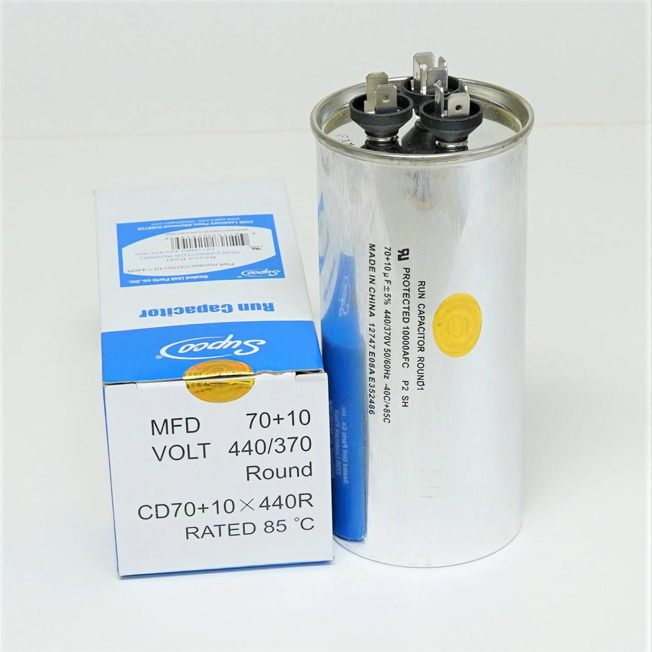 Round Run Capacitor 70+10 MFD 440V | McCombs Supply | CD70+10X440R