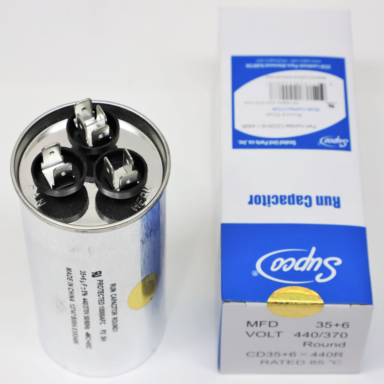 Round Run Capacitor 35+6 MFD 440V | McCombs Supply | CD35+6X440R