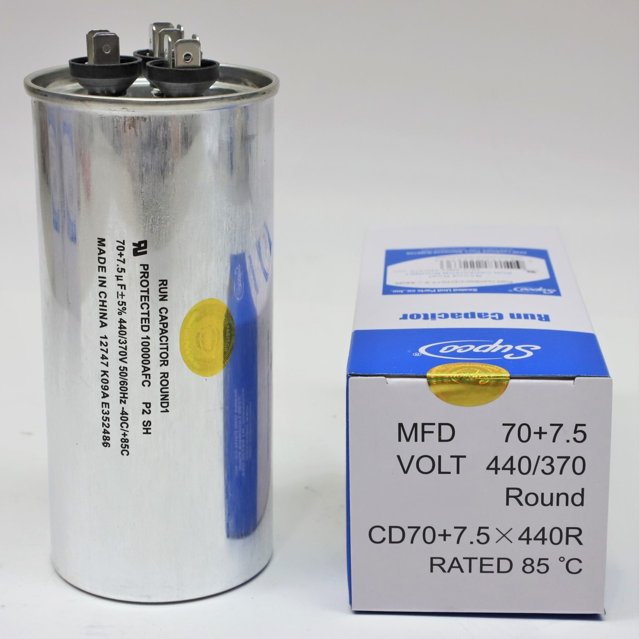 Round Run Capacitor 70+7.5 MFD 440V | McCombs Supply | CD70+7.5X440R