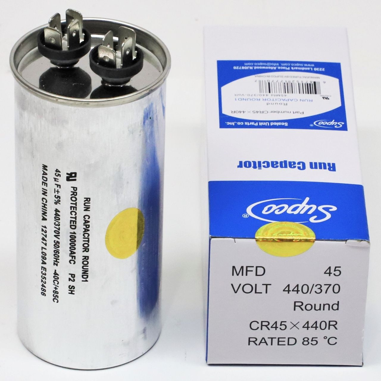 10 MFD 370 440 Volt Supco CR45+10x440R NEW Motor Round Dual Run Capacitor 45 10 MFD 370 440 Volt Supco CR45+10x440R NEW Motor Round Dual Run Capacitor 45