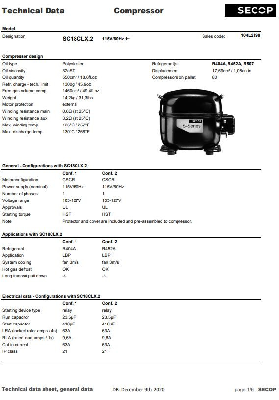 Secop Refrigeration Compressor 3/4HP | McCombs Supply Co | SC18CLX.2