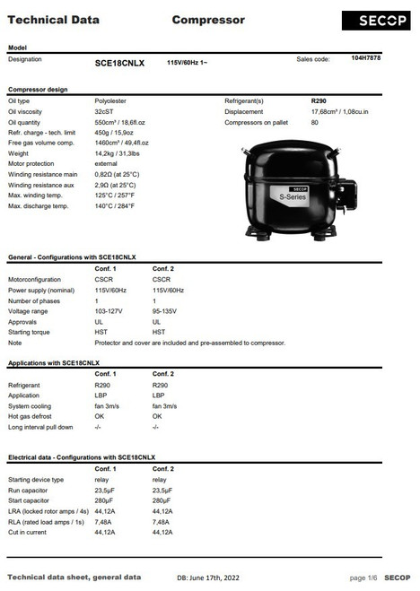 Secop SCE18CNLX R290 Refrigeration Compressor 3231 BTU LBP 115V 60 Hz