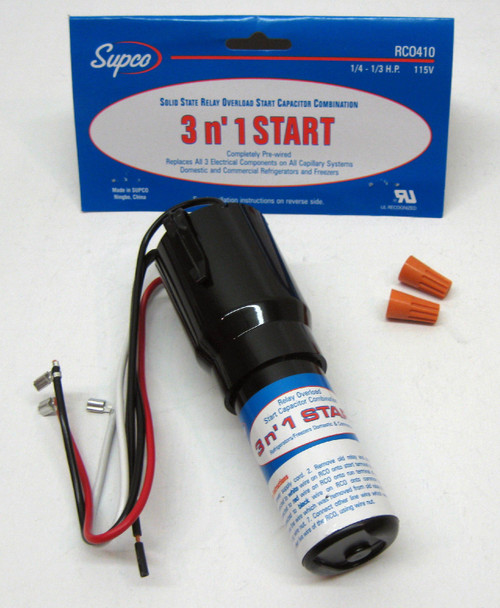 Supco refrigerator relay overload stat run capacitor, part number RC0410, part view. 