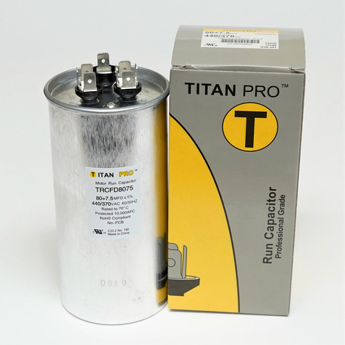 TitanPro TRCFD6075 Dual Run Capacitor 60/7.5 MFD 440/370V – For HVAC Motors, By Packard