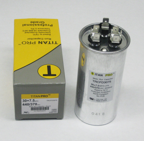 TitanPro HVAC Round Dual Motor Run Capacitor part number 30/7.5-440R