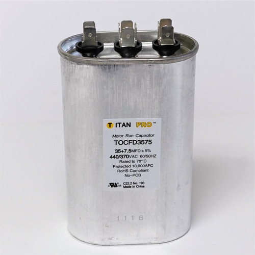 TitanPro TOCFD35/7.5 HVAC Oval Motor Run Dual Capacitor 35/7.5 MFD/UF 440/370 Volts