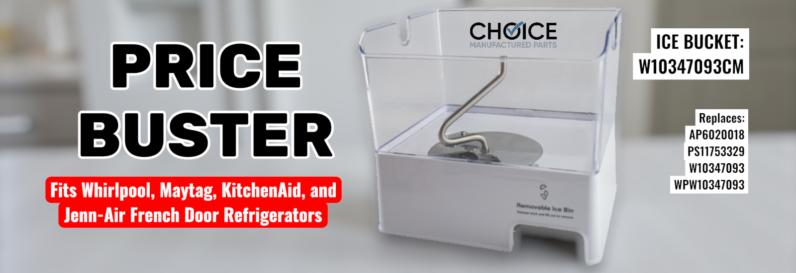 Refrigerator Ice Container Bucket Bin designed to fit specific Whirlpool manufactured refrigerator makes and models including Maytag, KitchenAid, Jenn-Air