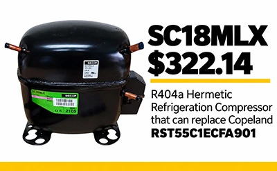SC18MLX R404a Hermetic Refrigeration Compressor. Can be used to replace Copeland RST55C1ECFA901