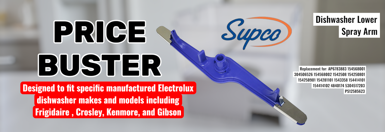 Dishwasher Lower Spray Arm designed to fit specific manufactured Electrolux dishwasher makes and models including Frigidaire, Crosley, Kenmore, and Gibson