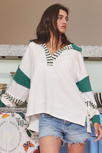 COMING SOON - French Terry Knit Color-block Collared Tunic Top Green COMING SOON - French Terry Knit Color-block Collared Tunic Top Green