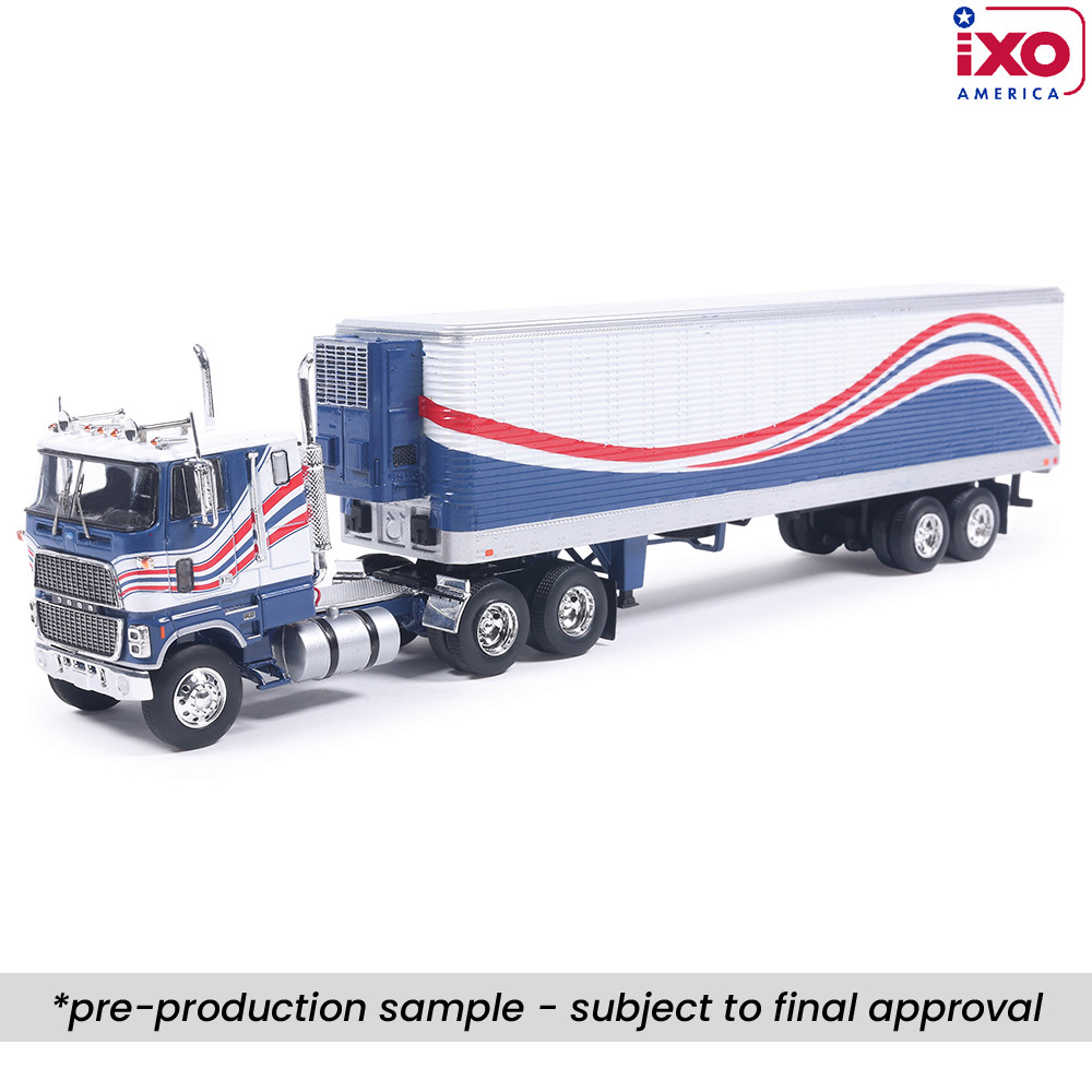 1:64 Scale 1976 Ford CL 9000 Red, White, and Blue with Vintage Trailer