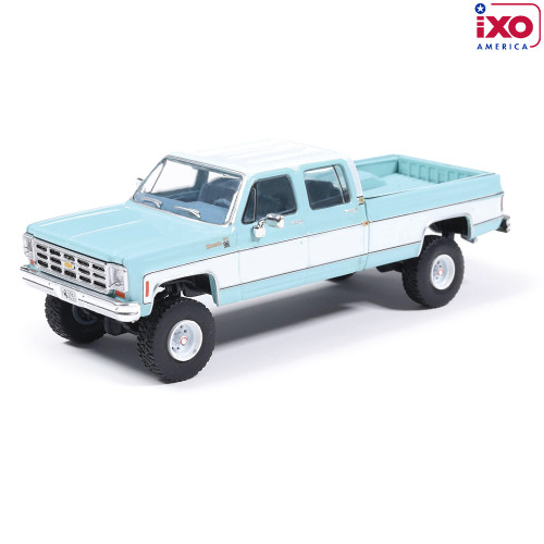 1:64 Scale 1978 Chevrolet Silverado K30 Crew Cab Fleetside Lifted - Light Blue and Frost White Main Image