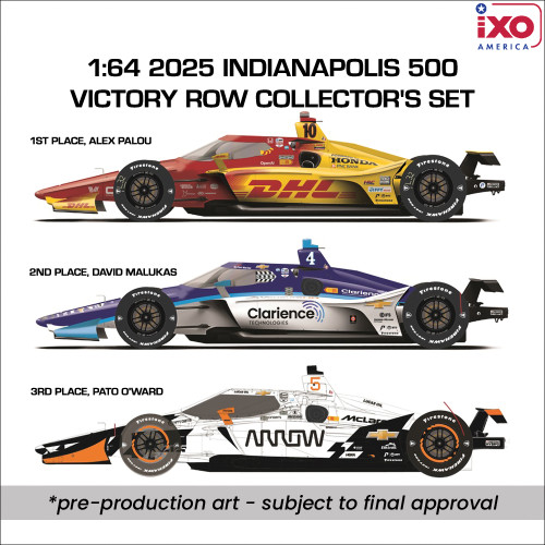 1:64 2025 Indianapolis 500 Victory Row Collector's Set - 1st Place, Alex Palou / 2nd Place, David Malukas / 3rd Place, P Main Image