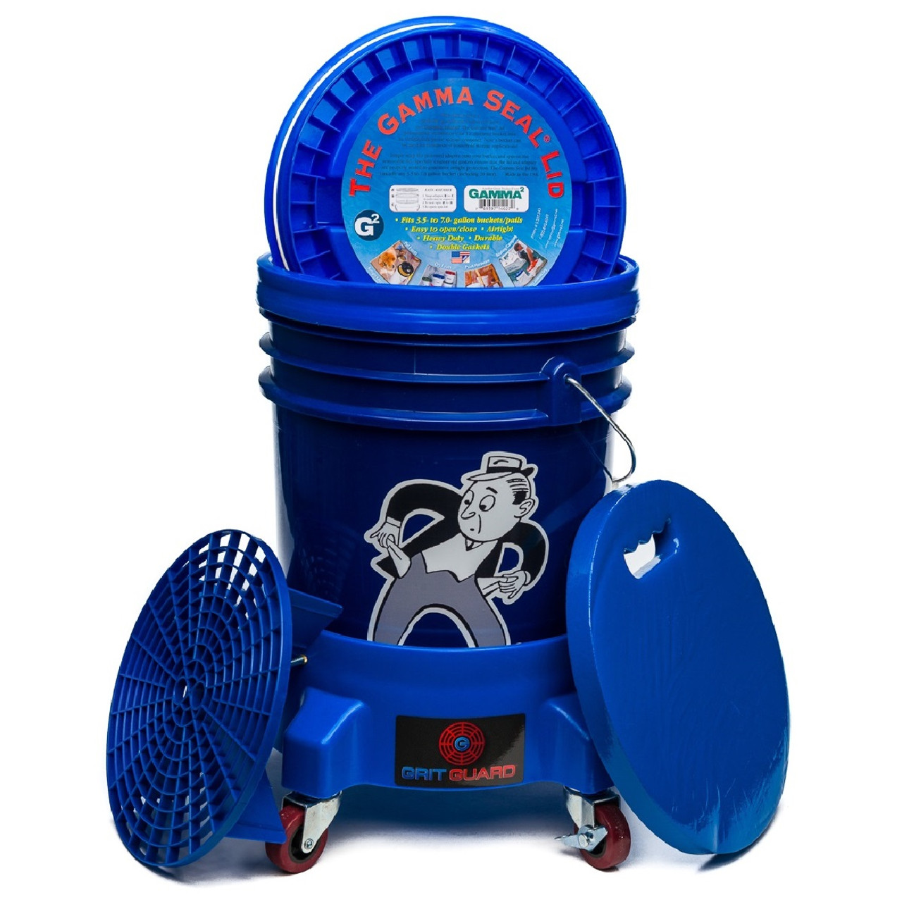 Car Wash Bucket Kit W Dolly Grit Guard Gamma Seal Lid Padded Seat Cushion Blue Bucket