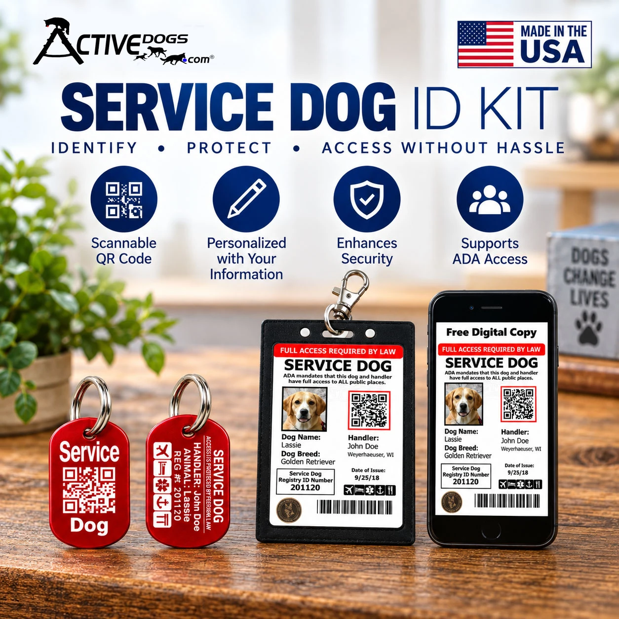 Personalized service dog identification kit with ID badge and metal dog tag