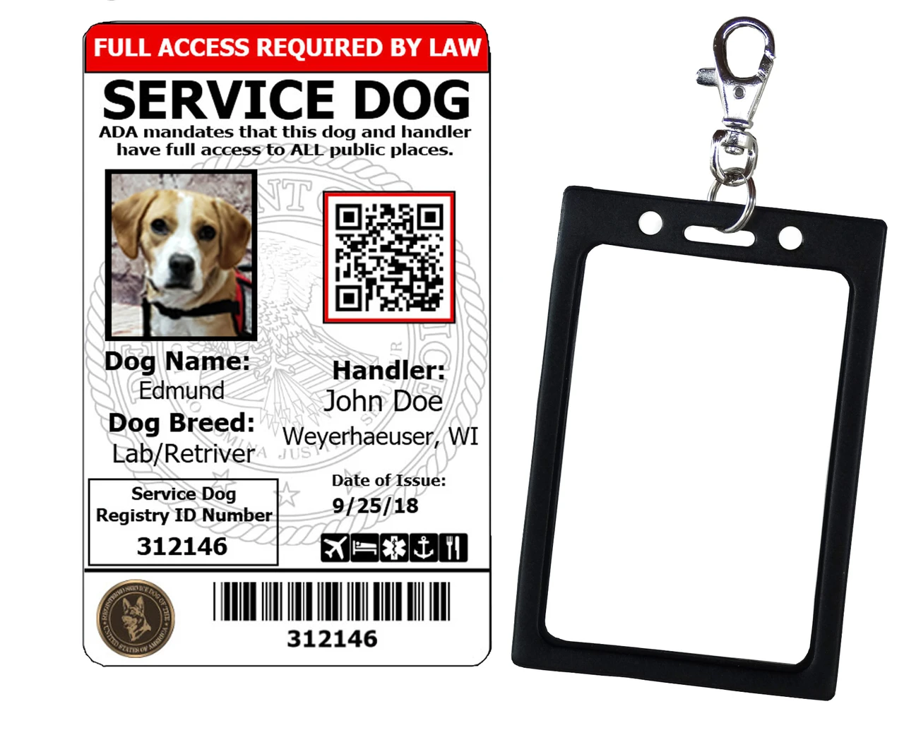Service dog registry ID kit with physical card, digital ID, and aluminum tag