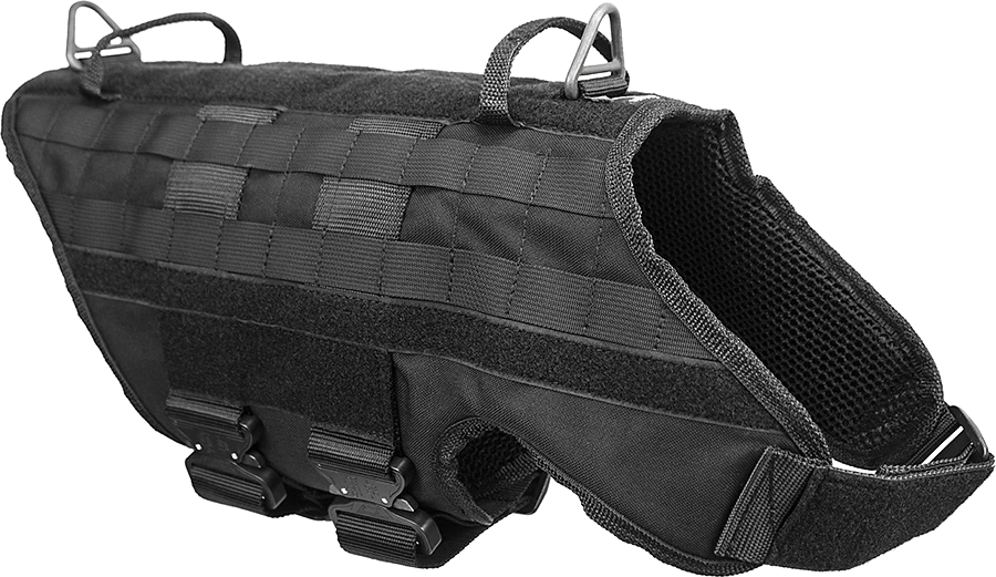 Tactical dog harness with welded V-ring attachments
