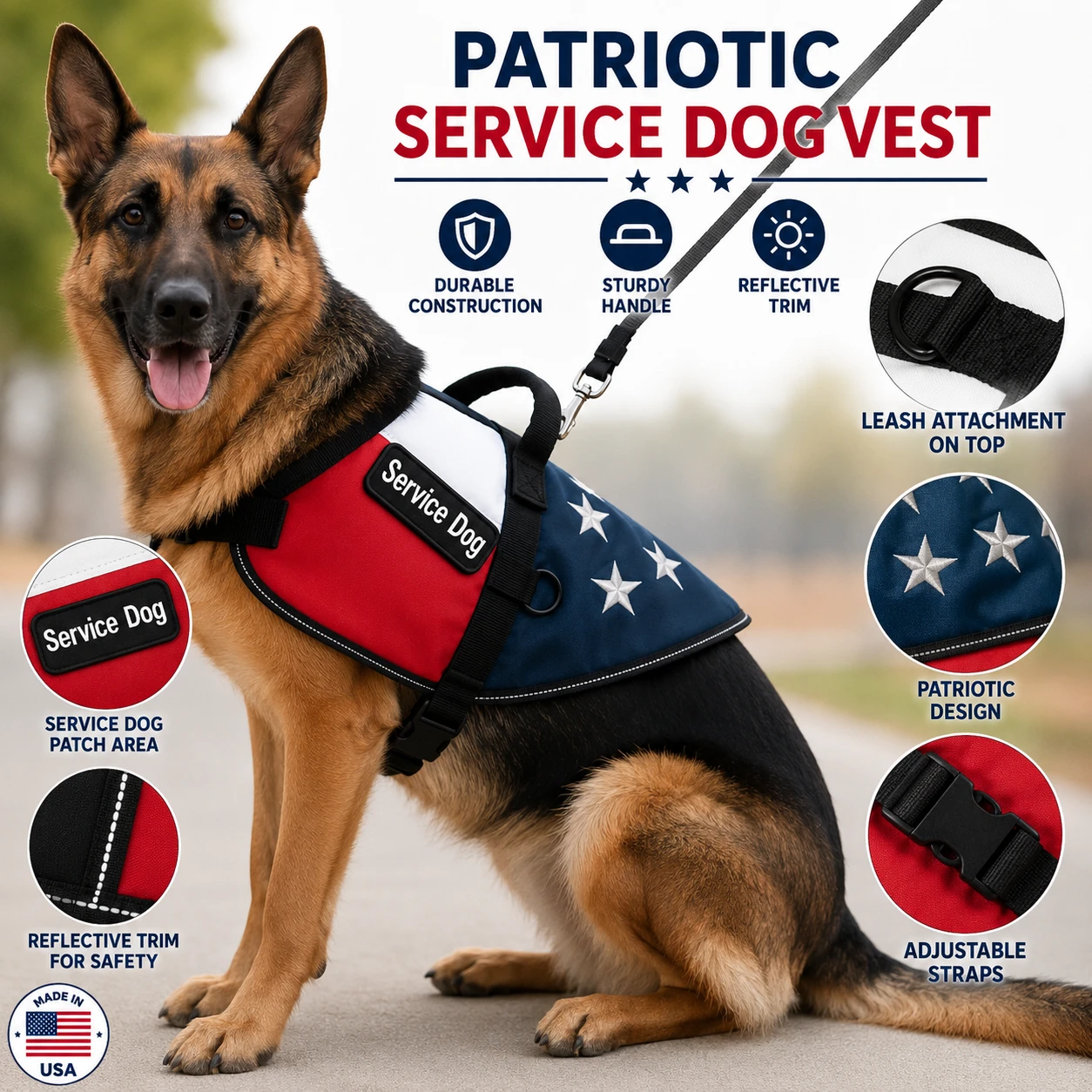 ActiveDogs patriotic service dog vest with embroidered stars