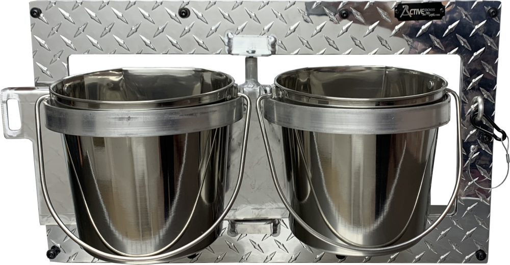 Swinging Double Diner aluminum kennel feeder with two 4 qt stainless steel dog food and water buckets